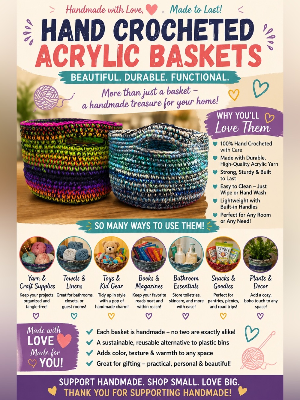 Crochet Acrylic Storage Basket | Multi-Purpose Organizer | Home Décor
